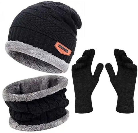 Woolen Winter Cap with Neck Mufler & Hand Gloves (Black, Pack of 3) Roposo Clout